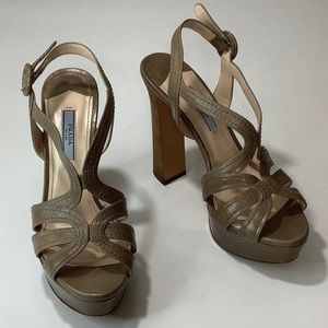PRADA Open Toe Cutout Platform Leather Taupe Heels